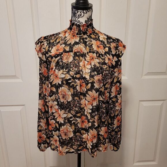 Black floral smocked‎ Neck long sleeve Blouse - Picture 1 of 10